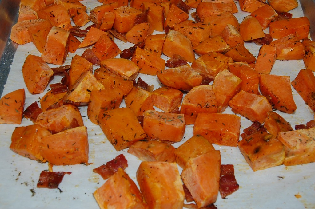Oven Roasted Sweet Potatoes with Bacon and Maple Drizzle 