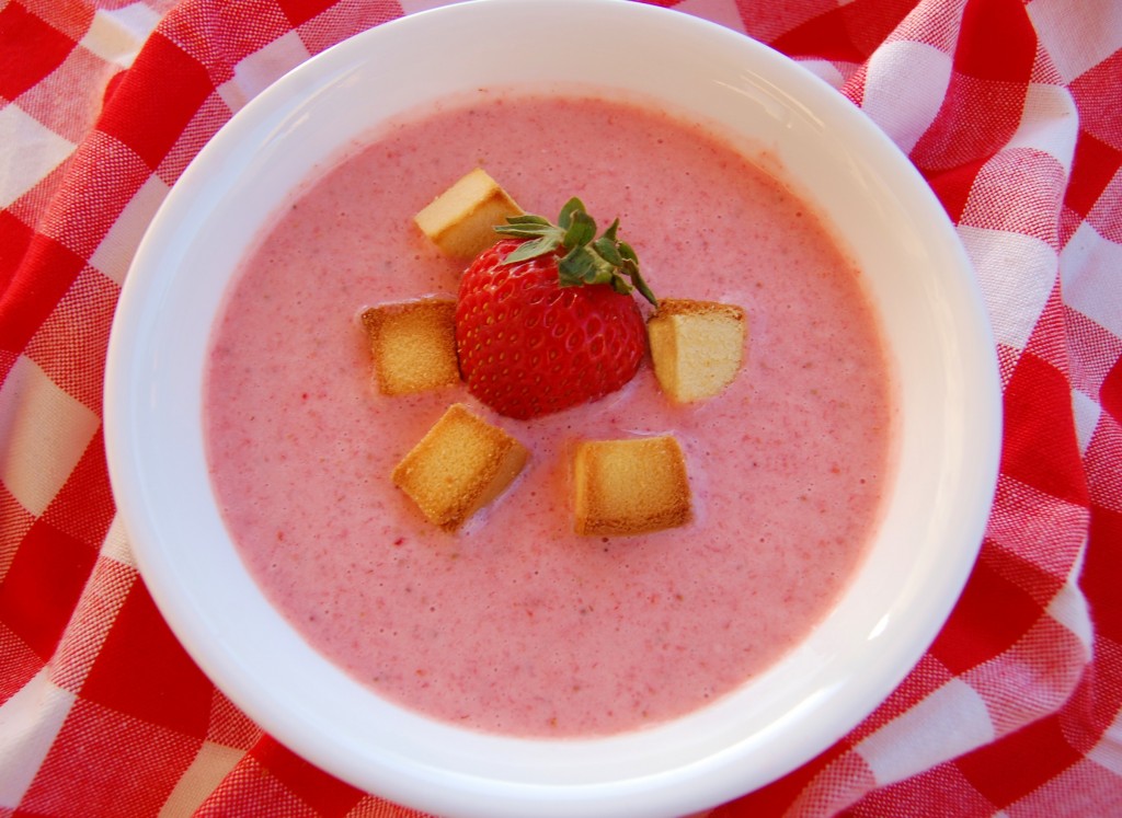 Strawberry Soup with Pound Cake Croutons