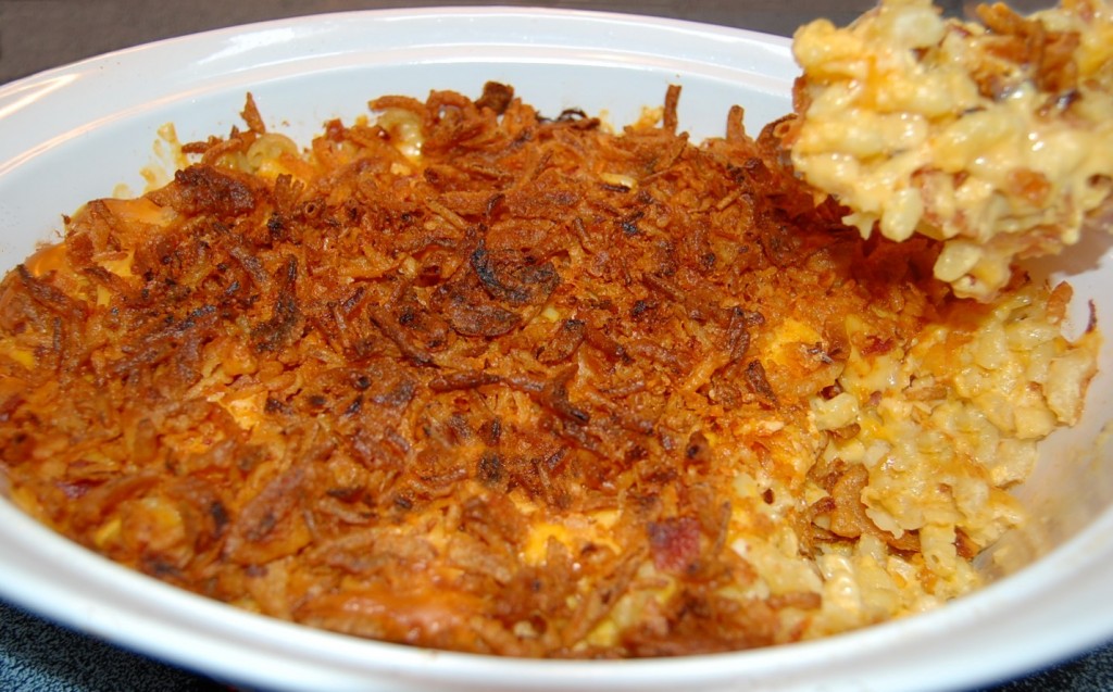 Bacon Macaroni & Cheese Topped with French Fried Onions