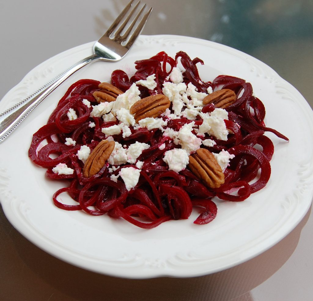 Spiralized Beet Feta and Candied Pecan Salad 